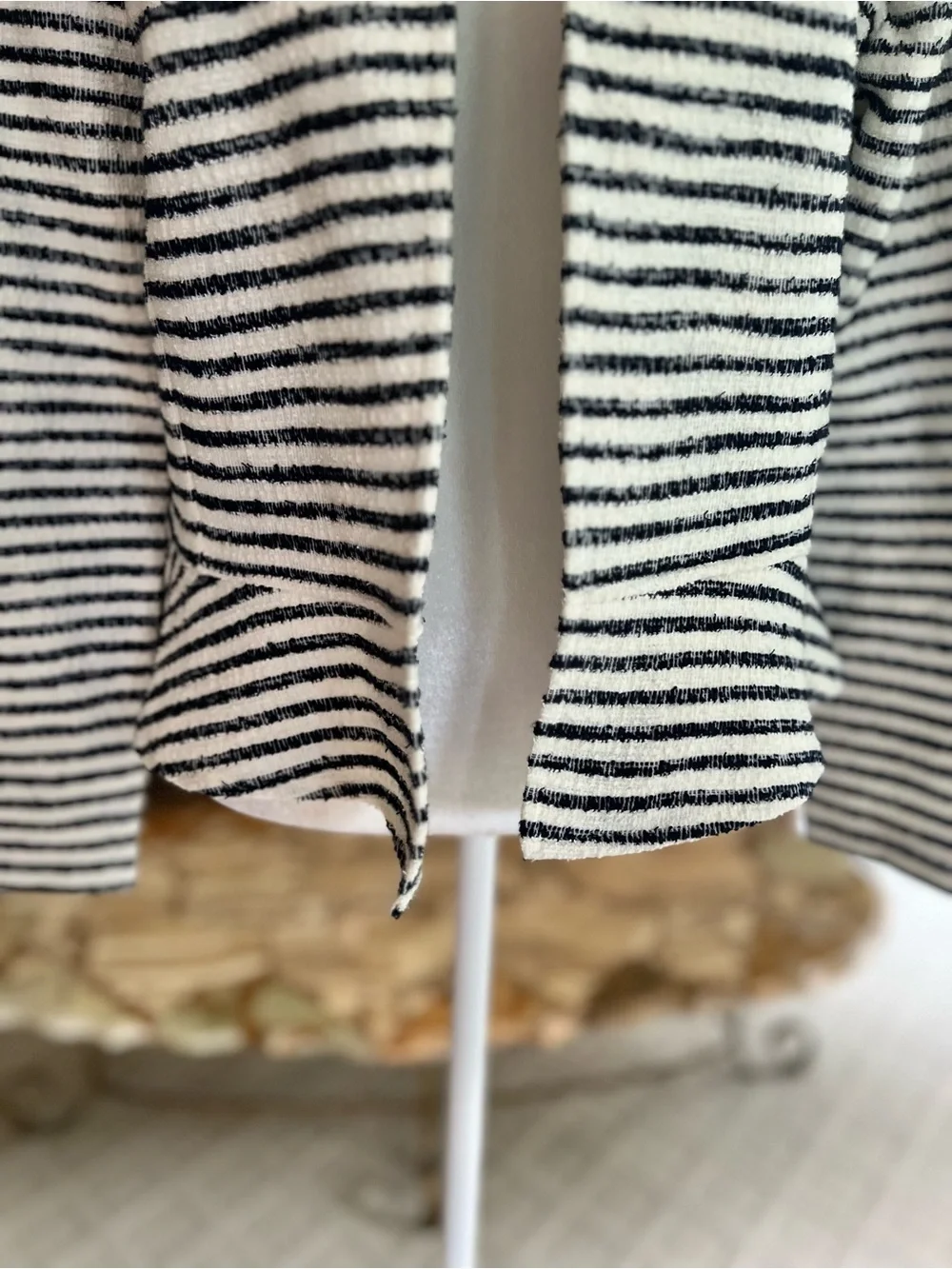 Loft Tweed Open Front Peplum Navy Blue Off White Stripe Blazer M Nautical Preppy